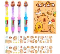 LEMONSTONE Pack of 4 Ballpoint Pens 4 Colours Multicoloured Ballpoint Pen 4-in-1 Ballpoint Pen with Notebook and Sticker, Multicolour Ballpoint Pen for Office Home School Supplies (Capybara)