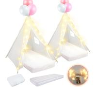 Lemosae 2 Pack Kids Teepee Tent with Mattress,Fitted Sheet,Light String,Washable Natural Cotton Toddler Play Tent for Girls Boys Indoor Outdoor Sleepover Slumber Birthday Party(White)
