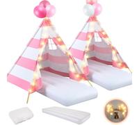 Lemosae 2 Pack Kids Teepee Tent with Mattress,Fitted Sheet,Light String,Washable Natural Cotton Toddler Play Tent for Girls Boys Indoor Outdoor Sleepover Slumber Birthday Party(Pink and White)