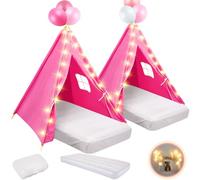 Lemosae 2 Pack Kids Teepee Tent with Mattress,Fitted Sheet,Light String,Washable Natural Cotton Toddler Play Tent for Girls Boys Indoor Outdoor Sleepover Slumber Birthday Party(Rose Red)