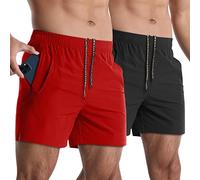 Lempue 2 Pack Mens 5" Quick Dry Gym Workout Shorts Lightweight Sports Running Shorts with Pockets, Red/black, S