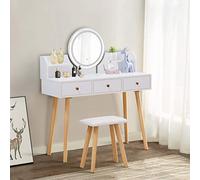 LEMROE Dressing Table Set with Padded Stool Makeup Table Set with LED Mirror, 3 Drawers and Wooden Legs for Bedroom Home Furniture (3 Drawers)