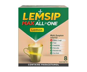 Lemsip Cold and Flu Sachets, Lemon, 8 Sachets, Headache Relief, Nasal, Chesty Cough, Sore Throat Relief, Paracetamol, Maximum Strength, Multi-Symptom Relief, Medication