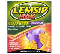 Lemsip Max Cold And Flu Sachets, Blackcurrant, 10 Total, Paracetamol, Cold And Flu, Headache, Blocked Nose Relief, Sore Throat, Reduces Fever, Pain Relief, Full Relief, Cold And Flu, Medication