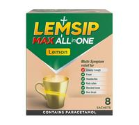 Lemsip Max All-in-One Lemon Sachet, 8 Sachets | Cold And Flu, Pain Relief, Fever, Blocked Nose Relief, Sore Throat, Paracetamol, Maximum Strength, Medication