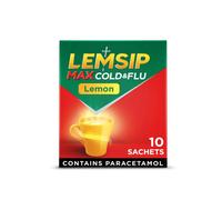 Lemsip Max Cold and Flu, Lemon, 10 Sachets, Paracetamol, Headache Relief, Sore Throat Relief, Nasal Congestion Relief, Max Strength, Fast-Acting, Med