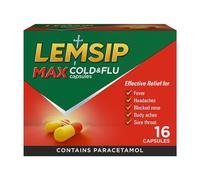Lemsip Max Cold and Flu, Paracetamol Capsules, Lemon, 16 Total, Fever, Headache, Nasal Congestion Relief, Max Strength, Effective Relief, Medication