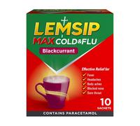 Lemsip Max Cold And Flu Sachets, Blackcurrant, 10 Total, Paracetamol, Cold And Flu, Headache, Blocked Nose Relief, Sore Throat, Reduces Fever, Pain R