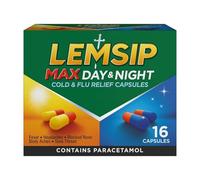 Lemsip Max Day & Night Cold & Flu Capsules, 16 Capsules | Paracetamol, Cold and Flu Relief, Headache, Blocked Nose Relief, Sore Throat Relief, Fever, Decongestants, Medication