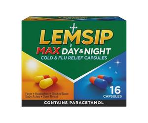 Lemsip Max Day & Night Cold & Flu Capsules, 16 Capsules | Paracetamol, Cold and Flu Relief, Headache, Blocked Nose Relief, Sore Throat Relief, Fever, Decongestants, Medication