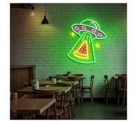 LEMST Sign Lamp UFO Pizza Neon Lights Adjustable Brightness Suitable for Studio Shop Wall Decor 43cmx48cm(C)