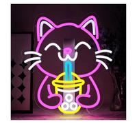 LEMST Signs Lamp Milk Tea Cat Neon Signs USB Powered, Eating Noodles Cat Neon Lights Suitable for Wall Decor Glow Sign Commercial Signs(32cmx35cm)