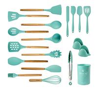 LeMuna Cooking Utensils Set, 18pcs Kitchen Silicone Utensils, Heat Resistant Non Toxic & BPA-Free with Holder & Wooden Handle, Home Essential Accessories, Teal(Turquoise)