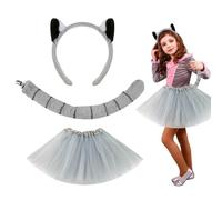 Lemur Costume Accessories Set - Soft Plush Ears Headband & Long Tail | Ring Tailed Monkey Fancy Dress Kit, Zoo Animal Cosplay Prop, Children Halloween Party & School Play Performance