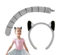 Lemur Costume Accessories Set - Soft Plush Ears Headband & Long Tail | Ring Tailed Monkey Fancy Dress Kit, Zoo Animal Cosplay Prop, Children Halloween Party & School Play Performance