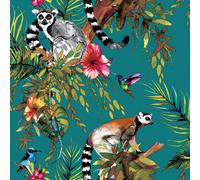Lemur Jungle Tropical Flowers Exotic Birds Animals Teal Green 12402 Wallpaper