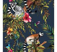 Lemur Wallpaper Navy Blue Tropical Jungle Birds Metallic Floral Trees Animals