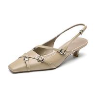 LEMUTISME Women's Stylish Matte Leather Square Toe Buckled Dressy Low Kitten Heel Chic Strappy Slingback Pumps Shoes, Nude, 6 UK