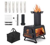 LEMVUZ Portable Wood Burning Camping Stove with Glass Window, Hot Tent Stove, 2-in-1 Cooking & Heating, 7 Chimney Pipes, X-shaped Pot Holder