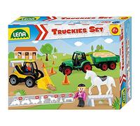Lena 01632 Truckies 13 Pieces Contents: Tractor with Trailer 36 cm, Wheel Loader Approx. 21 cm, 3 Toy Figures, 1 Horse, 2 Barks & 5 Pylons, Commercial Vehicles & Figures for Children from 2 Years,