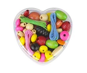 Lena 32043 Craft Set Wooden Threading Beads in Heart Tin with Wooden Threading Beads Approx. 2 cm Large Wooden Beads Mix Set for Children from 3 Years, Beads for DIY Chains and Threading Bead