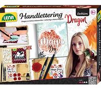 Lena 42336 Hand Lettering and Calligraphy Set, Colouring Book with Dragon Motifs, 2 Black Pens, 2 Feathers with Ink Bottle, Stickers and 4 Letter Templates, Creative Set for Children from 8 Years