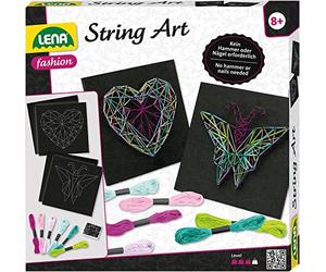 Lena 42650 Craft String Art Butterfly and Heart, Complete Patterns, with 2 Base Plates, Approx. 21.5 x21.5x1 cm, pins and 6 Coloured Threads, Set for Children from 8 Years, colourful