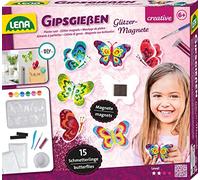 Lena 42707 Plaster Casting Set for 15 Glitter Butterfly Magnets, Cast Mould Plaster Figures with 6 Butterfly Shapes, Plaster, Painting Paints, Brushes, Glitter and Magnetic Strips, Craft Set Children