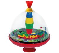 Lena tin toys 52120 - Panorama spinning top Ø19 cm, plastic humming top, classical pump mechanism, musical top with locomotive, top with stand, spinning top for children from 18 months