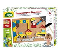 Lena 65828 Hammergame - Nail game with 64 Colourful 8 Construction Site Pieces, Cork Base Plate 28 x 19.5 cm, Hammering Toy for Children from 3 Years