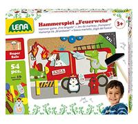 Lena 65836 Hammer Game Fire Brigade Nail Game with 38 Coloured Parts and 16 Special Pieces, XXL Cork Base Plate Approx. 28 x 19.5 cm, Hammer and Nails, Knocking Game for Children from 3 Years