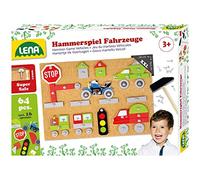 LENA Hammer Game Vehicles, Nail Game with 64 Coloured Parts, Base Plate Made of Cork, Approx. 28 x 19.5 x 1.4 cm, Hammer and Nails, Ages 3+