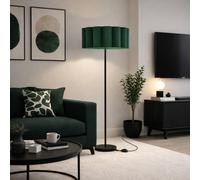 Lena Matt Black Straight Floor Lamp with Large Scalloped Lampshade - Forest Green