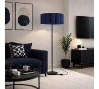 Lena Matt Black Straight Floor Lamp with Large Scalloped Lampshade - Navy