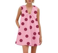 Lenader Women Summer Polka Dot Mini Dress Cute Flowy Sleeveless Babydoll Sundress Ruched A-Line Tank Short Dress with Pockets, Pink, L