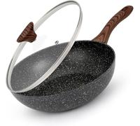 LENAK 28cm Non-Stick Wok Pan with Glass Lid & Bakelite Deep Stir Fry Saute Frying Pan with Induction Base, Gas Electric All Hobs Cooking Pan Black Marble Effect