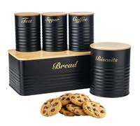 LENAK Tea Coffee Sugar Canister Set - Labelled Containers for Tea Coffee Sugar Tins Jar Sets for Kitchen Accessories & Essentials (Black 5 Pieces)