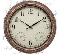 LENAUQ 15 Inch Waterproof Outdoor Wall Clock with Thermometer & Hygrometer | 38cm Waterproof Outdoor Clock with Silent Quartz Movement And Vintage Rustic Frame For Patio Or Pool, Vintage Bronze.