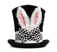LENAUQ Mad Hatter Costume Hat with Checkered Bow, Black Top Hat with White Bunny Ears and Pink Interior, Women's Costume Accessory