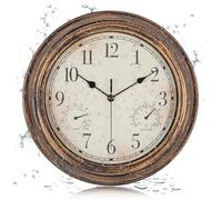 LENAUQ Outdoor Garden Wall Clock, Waterproof Vintage Wall Clock with Thermometer and Humidity, 12 Inch Non-Ticking Weatherproof Hanging Clock for Patio, Pool, Porch, Garden, Bathroom, Bronze