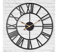 LENAUQ Silent Metal Skeleton Wall Clock, 33.5cm European Farmhouse Vintage Clock with Roman Numeral, Non-Ticking Battery Operated Hanging Wall Clock for Home Kitchen Cafe Hotel Office Decor(Black)