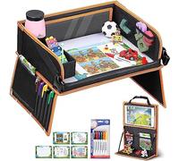 lenbest Dual Function Children's Travel Table, Lap Tray, Travel Table (Car Backrest Protector) with Transparent Drawing Film, 5 Drawing Plates and 6 Colour Pens - Black/Orange