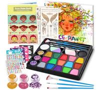 lenbest Face Paints for Children - Halloween Face Paint - Palette Washable with Gem Sheet, Glitters, Stencils, Brushes - Professional Face Painting Kit - Halloween Make Up