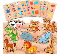lenbest Set of 6 Children's Wooden Puzzle - Montessori Toy - Animal Alphabet Number Vehicles Shape Fruit - Educational Toy for 2-3 Years