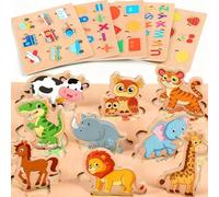 lenbest Set of 6 Children's Wooden Puzzle - Montessori Toy - Animal Alphabet Number Vehicles Shape Fruit - Educational Toy for 2-3 Years