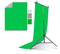 LENCARTA Green Screen Backdrop 1.5m x 2m (4.9ft x 6.6ft) Portable Green Screen Background Chromakey Grey Side | T-Shape Adjustable Photo Backdrop Stand with 2 Spring Clamps Retractable Support System