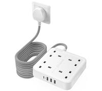 LENCENT 5M Extension Lead with USB C Port (3250W 13A), 4 Way Outlets Power Strip with 1 USB-C and 3 USB Slots, Multi Power Plug Extension with 5M Braided Extension Cord for Home Office- White