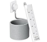LENCENT 5M Extension Lead with USB Slots, 4 Way Outlets Power Strip with 4 USB Ports, Multi Power Plug Extension with 5M Braided Extension Cord for Home Office, 3250W 13A