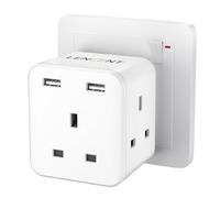 LENCENT Multi Plug Extension with 2 USB, 3 Way 3 Plugs Socket adapter, 5-in-1 Cube Electrical Extender Socket Adaptor, USB Wall Charger, 3 Pin Plug Expander for Home, Office, Kitchen, 13A 3250W
