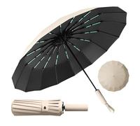 Lendo Windproof Folding Umbrella, Automatic Compact with 16 Ribs, Large Pocket, Automatic Opening, Windproof Anti UV, Colour: Beige